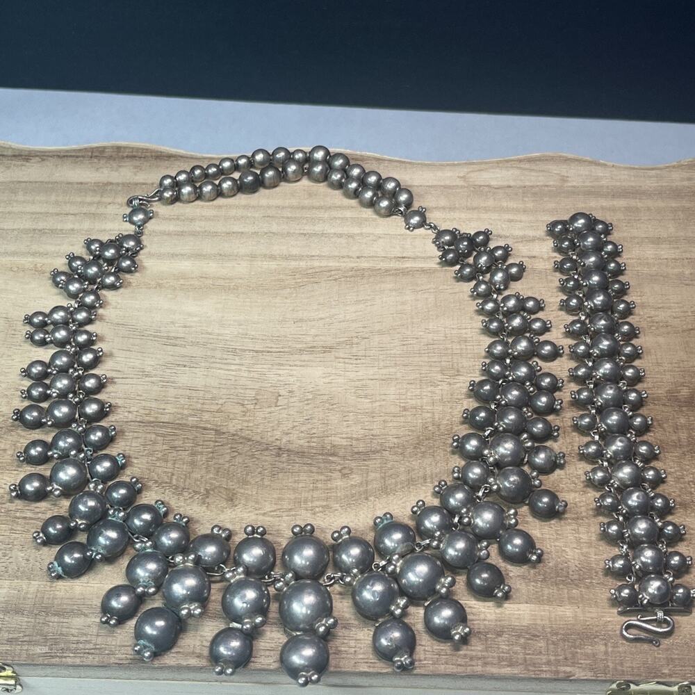 Antique Sterling Silver Thai Nakon Siam Bracelet And Bib Statement Necklace Set